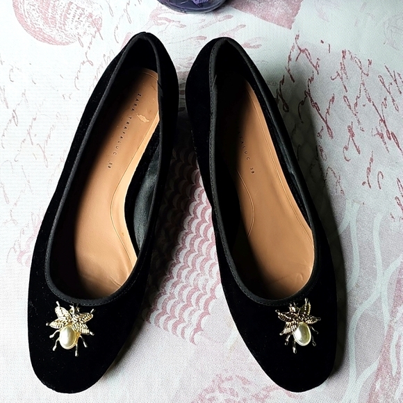ZARA TRAFALUC WOMEN'S BEETLE EMBELISHED PEARL BLACK VELVET BALLET SHOES Sz 7.5 - Picture 14 of 15